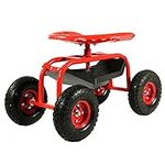 Sunnydaze Rolling Garden Cart Scooter with Wheels and Tool Tray - 360-Degree Swivel Seat - Red