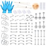 AVYRING 99Pcs Mixed Piercing Kit for All Body Piercings, 14G 16G 18G 20G 316L Surgical Steel Piercing Needles Tools for Nose Belly Button Eyebrow Lip Tongue Ear Tragus Helix Piercing Jewelry, Silver