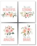 Confetti Fox Girls Inspirational Words Wall Decor, Pink Floral Modern Art, Positive Motivational Quotes, Teen Flowers Affirmations Typography Posters (8x10 Unframed Set of 4 Prints)