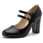 Women's Mary Jane Dress Shoes Double Strap Closed Round Toe Block High Heel Pumps, Matte Black, 6 UK