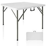 BQKOZFIN 36'' Square Plastic Folding Table, Indoor Outdoor Dining Table, Portable Fold Up Table with Handle for Dining Parties Card Picnic Camping, White