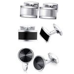 HONEY BEAR 3 Pairs Round Crystal Cufflinks Set - Rectangle Stainless Steel for Men's Shirt Wedding Business Gift, Silver Black (with Box)