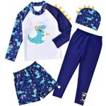 Boys Long Sleeve Swimwear Dinosaur UV Sun Protection Rashguard Swimsuit with Hat 4 Pieces Full Body Dino Printed Bathing Suit Set for Toddler Kids Dinosaur Swimwear Navy