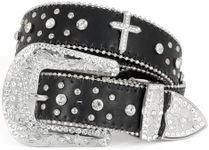 Women Rhinestone Studded Belt,JASGOOD Western Leather Belt for Men Women Vintage Bling Cowgirl Belt for Pants Dress,A-Black,Suit for Waist Size 27"-33"