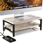 MyGift USB Enabled Monitor Stand Riser - White Washed Wood and Black Metal Ergonomic Computer Desktop Screen Workstation Organizer with USB 2.0 & USB 3.0 Ports