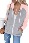 LACOZY Women's Fall Long Sleeve Zip Up Loose Hooded Sweatshirts Color Block Hoodies Jacket Shirts with Pocket Pink S