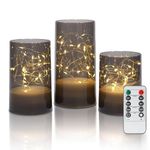 Fanna 3 Fairy Light Candle Lanterns with Remote for Table Centerpiece Decor, Embedded Twinkle String Lights in Battery Operated Flameless Candles for Christmas - Grey Acrylic - H10/12.5/15cm