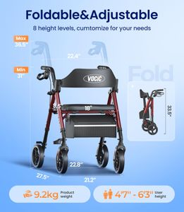 VOCIC Foldable Rollator Walker with Seat, Brakes & Bag – Adjustable Height, 8'' Wheels, Lightweight, Purple