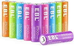 EBL AA Rechargeable Battery 10 Pack 2500mAh Ni-MH Double A Pre-Charged Rechargeable Batteries (10 Pack, 5 Colors in a Box)