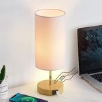 Bedside Touch Lamp, Wood Small Table lamp for Bedroom with 2 USB Charging Ports & Flower Fabric Shade, 3-Way Dimmable Nightstand Lamps for Living Room Office Reading Desk Home Dorm(LED Bulb Included)