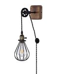 LUSTORM 1 Industrial Farmhouse Plug in Wall Sconce with Wire Shade, Metal Wall Lamp Cage with Pulley Lift for Living Room Rustic Wood LED Wall Lamp with Switch Cord for Kids Bedroom, Reading Room