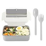 YAGGOOD Bento Lunch Boxes, Leakproof Bento Boxes for Kids Adults, Food Boxes with 3 Compartments/Fork Spoon and Chopsticks, BPA Free, Microwave and Dishwasher Safe Meal Prep Containers (Grey-White)