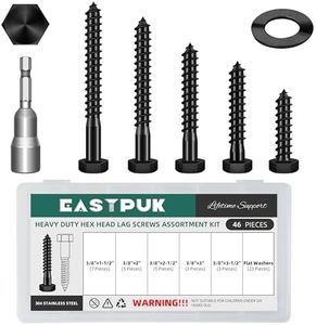 EASTPUK 46Pcs 3/8 Hex Head Lag Bolts Screws Assortment Kit, Heavy Duty Lag Screws with Washers, 304 Stainless Steel, 3/8 Bolt for Wood, Fully Thread, Black Oxided with Hex Socket