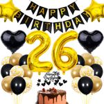 Cnrose 26th Birthday Decoration, Black Cake Decoration Birthday 26 Years Man, Party Decoration Gold Black, 26th Birthday Men Woman, Cake Decoration 26th Birthday Women, Birthday Decoration 26 Years