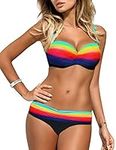 Bsubseach Rainbow Striped Bikini Push Up Top and Low Waist Briefs Swimwear Women Bathing Suits Multicolor L