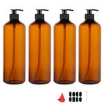 4 Pack 32 OZ Shampoo and Conditioner Bottles for Bathroom, Plastic Pump Bottles with 1 Pen, Labels & Silicone Funnel, Amber Shampoo Bottles with Pumps for Body Wash, Massage Lotion, Gel by zmybcpack