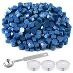 FEPITO 300 Pcs octagon Sealing Wax Beads with 3 Pcs Tea Candles and 1 Pcs Wax Melting Spoon for Wax Stamp Sealing (Sky Blue)