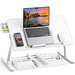 SAIJI Laptop Bed Tray Desk, Portable Table Stand with Storage Drawer, Adjustable PVC Leather, Foldable Laptop Tray for Sofa Couch Floor, 23.6 x 12.6 x 1 Inches(Large, White)