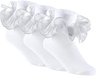 Yepami 3 Pairs Girls Ruffle Socks Big Double Lace Frilly Trim Dress Socks (Silver,Medium)