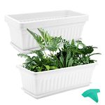 MUKCHAP 4 PCS 43cm/17 Inch White Plastic Window Box Planter, Rectangular Window Flower Plant Boxes with Trays and Plant Labels, Rectangular Windowsill Planter for Vegetables