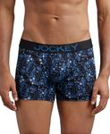 Jockey FP23 Men's Super Combed Cotton Elastane Stretch Printed Trunk with Ultrasoft Waistband_Black & Sky Driver_L