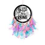 ILU Metal Dream Catcher Bless This Home, Wall Hangings, Nursery, Crafts, Home Décor, Office, Handmade For Bedroom, Balcony, Garden, Party, Café, Decoration, Wedding, Decorative, Pastel Multi Feathers