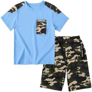 LOLANTA Boy Summer Clothes Kids Casual 2 Piece Outfit Cotton T-Shirt Camouflage Shorts Set(Blue,6-7)