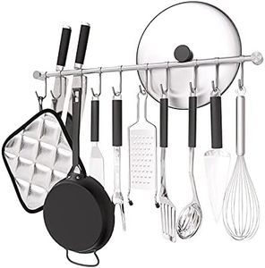 OKEPOO Kitchen Hanging Rack, 20 Inch Wall-Mounted Pot Holder with 10 Quiet Sliding Hooks, Rail Organizer Utensil Holder Bar for Cooking Spatulas Cups, Made of 304 Stainless Steel. (Silver)