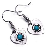 Heart Charm Earrings - Tibetan Silver Tone Charms with Turquoise Stone on Nickel Free Hooks : 31mm