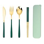 Iktu Premium Gold Plated 304 Stainless Steel Knife Fork Spoon Chopstick Set Flatware Dinnerware Cutlery Tableware Set (Green)