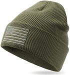 OUTDOOR SHAPING American Flag Embroidered Knit Cuffed Beanie for Men Women Tactical Winter Warm Hat, Army Green, M/L