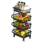 BRIAN & DANY 4 Tier Vegetable Storage Rack, Stackable Fruit Vegetable Stand with Lockable Casters and 5 S-Hooks for Kitchen, Pantry, Bathroom, Garage