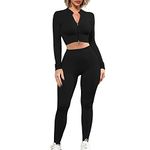 Women Yoga Outfit Fitness Sportswear Suit 2 Piece Seamless Long-Sleeve Full Zip Crop Top+High Waist Running Legging Sets(Black,M)