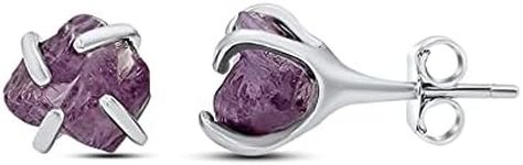 Natural raw alexandrite gemstone stud earrings with white gold over 925 sterling silver, 6 to 7mm rough genuine quality birthstone gift for her, Uniquelan Jewelry (alexandrite)