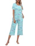 Ekouaer Women's Pajamas Set Short Sleeve Top with Capri Pants Pjs Lounge & Sleepwear Set,Green Butterfly,S