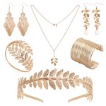 Savgkoyt 8 PCS Greek Costume Accessories Set Greek Accessories Greek Jewelry Include Golden Laurel Leaf Crown Leaf Armband 2 Pairs Earring Coil Bracelet Pearl Leaf Dangle Necklace for Women