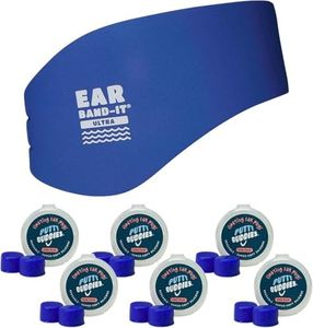 (Medium (ages 4-9), Blue) - EAR BAND-IT ULTRA Swimming Headband with PUTTY BUDDIES earplugs - 6 Pair Soft Silicone Premium Ear Plugs - THE BEST Swim Headband and Earplugs - Doctor Recommended