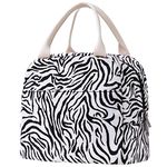 EurCross Sleek Black White Zebra-striped Lunch Tote Bag Trendy for Women, Lightweight, Reusable and Insulated Canvas Stylish Bento Box Bag for Adult Ladies on the go