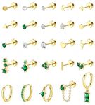 25Pcs Hypoallergenic Surgical Steel Flat Back Earrings for Women Stud Hoop Earrings for Women Zirconia Heart Sleeper Earrings Huggies Cartilage Earrings Tragus Helix Piercing Silver/Gold Earrings