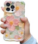 Mouzor Cute Case for iPhone 14 Pro Max, Colorful Retro Oil Painting Printed Flowers Case, Fashion TPU Laser Beam Glossy Pattern Curly Waves Frame Shockproof Protective Cases Cover for Girls Women