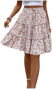 WDIRARA Women's Floral Print Ruffle Hem Elastic High Waist Tie Front Skirt Apricot Small