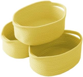 JMvicyroam Woven Basket, Small Rope Storage Bin with Handles & Ribbon Bag, Organizer for Shelves Closets Bathroom, Empty Gift Basket for Wedding Birthday Father's Day, Yellow/3 Pack