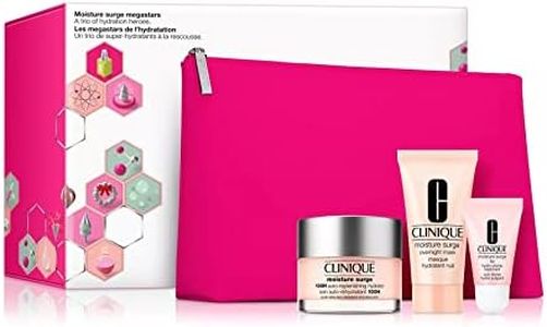 Clinique Moisture Surge Megastars Hydrating Skincare 3 Piece Gift Set: 100H Auto-replenishing Hydrator + Overnight Mask + Lip Hydro-Plump Treatment + Pink Washbag