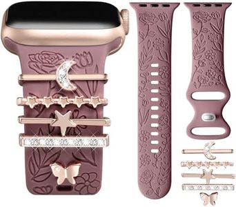 DaQin Flower Engraved Band Compatible with Apple Watch Bands 44mm 42mm 45mm 46mm for Women, Soft Silicone Band With Decorative Apple Watch Charms for iWatch Series 10 9 8 7 6 5 4 3 2 1 SE (with Band)