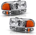 Front Headlight Lamp with Bumper Lights Set (Left + Right) Compatible with 99-07 GMC Sierra 1500 2500 3500/00-06 Yukon, Chrome Housing Amber Reflector Headlights