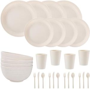 LIYH Beige Wheat Straw Dinnerware Sets,28Pcs Plates and Bowls Sets, Plastic Cups Reusable, Plastic Dinnerware Set for 4, Reusable Plates Dish Set for Kitchen & Camping, Apartment Essentials