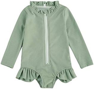 Karuedoo Baby Girls One Piece Swimsuit Zip Rash Guard Swimwear Ruffled Long Sleeve Bathing Suit, C-lake Green, 3-4T