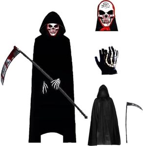 Atsmoce® Costume Halloween Morte Adulti e Bambini, Costume da Tristo Mietitore, Costume da Grim Reaper, Mantello Nero con Cappuccio, con Maschera/Guanti/Falce, Unisex, Nero (C, bambini)