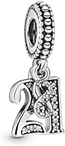 Pandora Moments Women's Sterling Silver 21 Years of Love Cubic Zirconia Dangle Charm for Bracelet, Metal, Cubic Zirconia