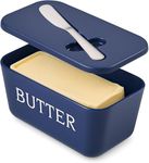 Kyraton Large Plastic Butter Dish with Lid and Knife, Food Grade PP Butter Holder Keeper with Cover for Kitchen Refrigerator Butter Container (Blue)